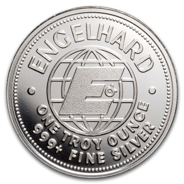 2025 Engelhard American Prospector 1oz silver proof‑like round reverse with Engelhard globe logo and .999+ fine silver inscription.