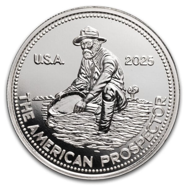 2025 Engelhard American Prospector 1oz silver proof‑like round with engraved prospector panning for gold.