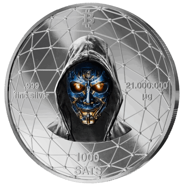 2025 Germany Satoshi Project Bitcoin USA 21g Silver Ruthenium and Gilded Coin Reverse with Hooded Figure and 1000 Satoshi Inscription