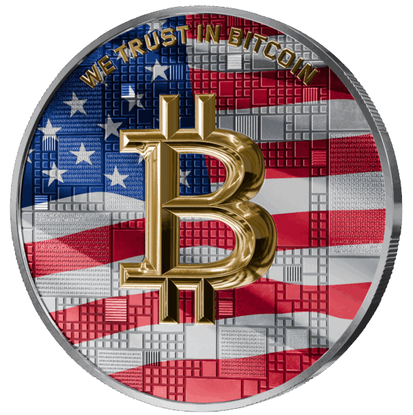 2025 Germany Satoshi Project 21g silver ruthenium and gilded coin with gold Bitcoin symbol over USA flag and “In Trust in Bitcoin” inscription