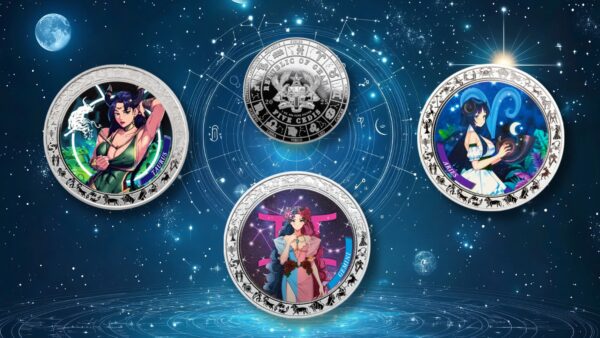 2025 Ghana Zodiac Aries Anime 1oz silver colorized proof coin set with four anime‑style zodiac designs and celestial background.