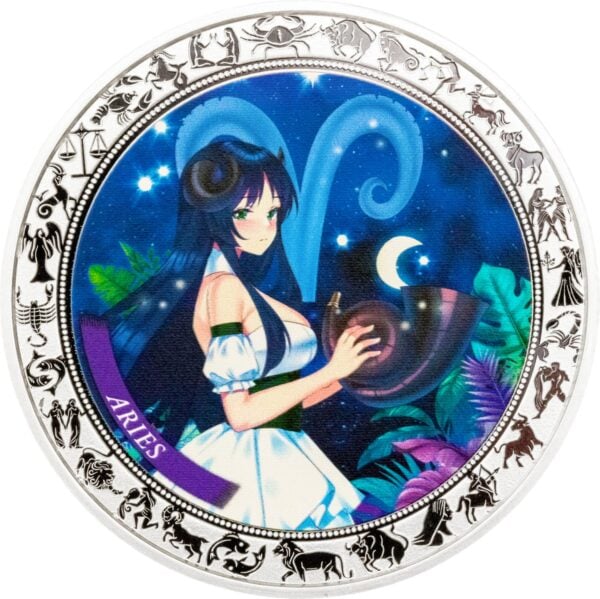 2025 Ghana Zodiac Aries Anime 1oz silver colorized proof coin with anime‑style female character, ram horns, glowing orb, and celestial background.