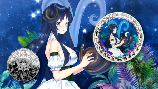 2025 Ghana Zodiac Aries Anime 1oz silver colorized proof coin front and back designs with anime‑style Aries character, celestial background, and national emblem.