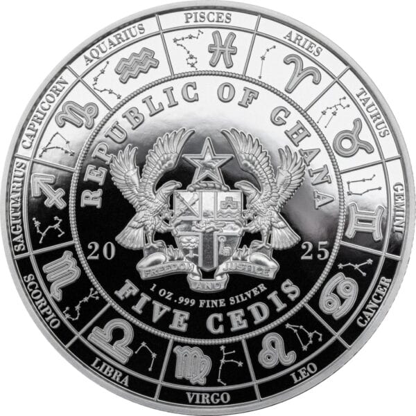 2025 Ghana Zodiac Aries 1oz silver colorized proof coin reverse with national coat of arms, five cedis denomination, and zodiac symbol border.