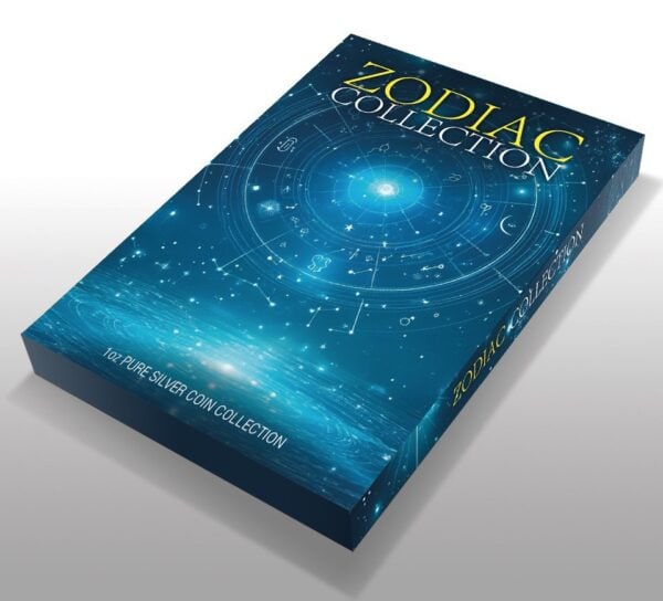 2025 Ghana Zodiac Aries 1oz silver colorized proof coin presentation box with cosmic background, constellations, and gold title text.