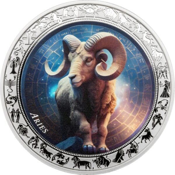 2025 Ghana Zodiac Aries 1oz silver colorized proof coin with detailed ram design, celestial background, and zodiac symbol border.