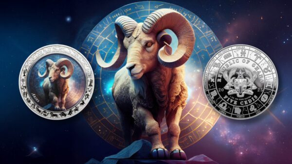 2025 Ghana Zodiac Aries 1oz silver colorized proof coin front and back designs with detailed ram artwork, cosmic background, and national emblem.