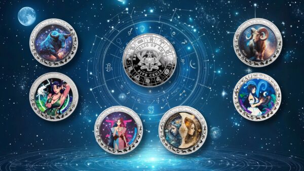 2025 Ghana Zodiac Aries 1oz silver colorized proof coin full set with seven zodiac designs arranged in cosmic‑themed display.