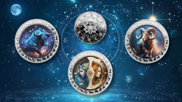 2025 Ghana Zodiac Aries 1oz silver colorized proof coin set with four designs featuring ram artwork, celestial motifs, and zodiac symbols.