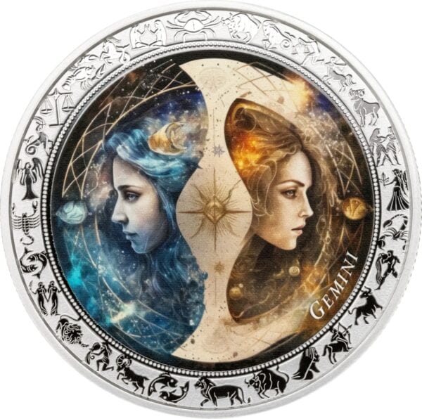 2025 Ghana Zodiac Gemini 1oz silver colorized proof coin with twin female figures, cosmic background, and zodiac symbol border.