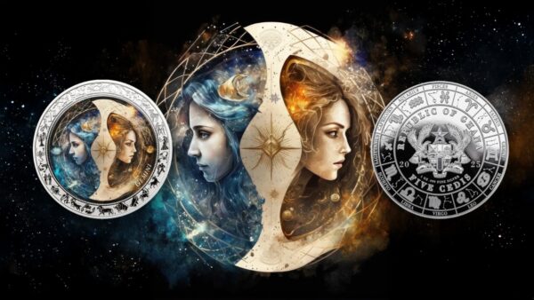 2025 Ghana Zodiac Gemini 1oz silver colorized proof coin front and back designs with twin figures, cosmic background, and national emblem.