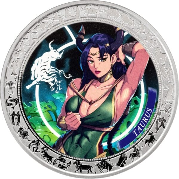 2025 Ghana Zodiac Aries Anime 1oz silver colorized proof coin with anime‑style female character, ram horns, glowing orb, and celestial background.