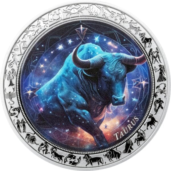 2025 Ghana Zodiac Taurus 1oz silver colorized proof coin with vivid blue bull design, cosmic background, and zodiac symbol border.