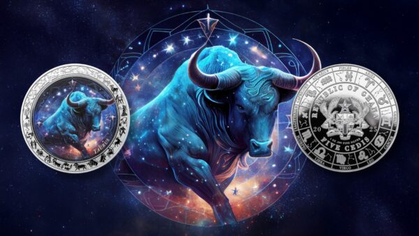 2025 Ghana Zodiac Taurus 1oz silver colorized proof coin front and back designs with vibrant bull artwork, cosmic background, and national emblem.