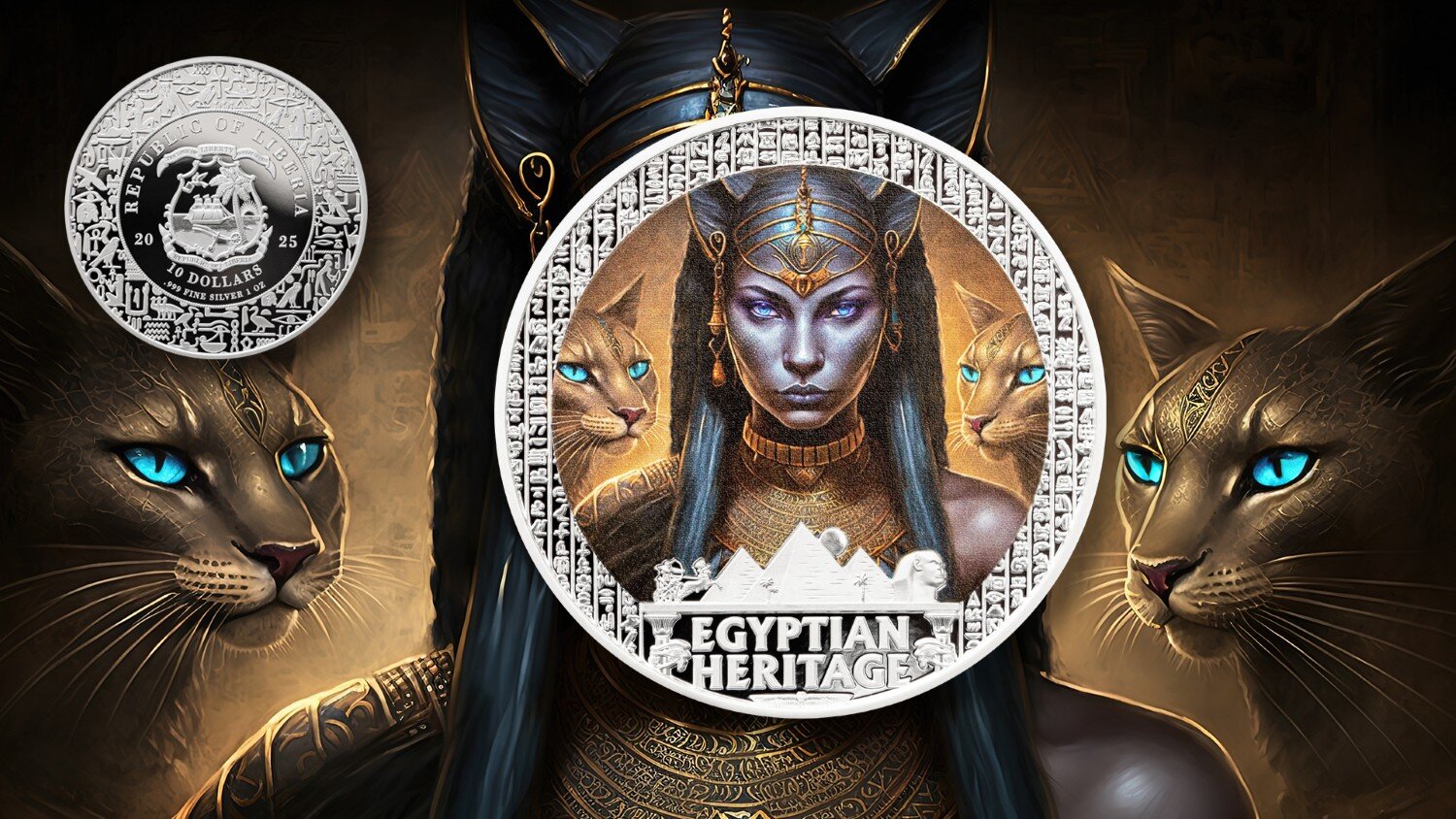 2025 Liberia Egyptian Heritage Bastet 1oz silver colorized proof coin front and back designs with feline goddess, pyramids, and national emblem.