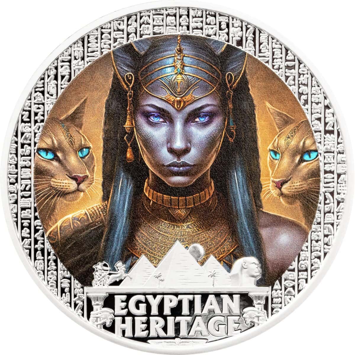 2025 Liberia Egyptian Heritage Bastet 1oz silver colorized proof coin with goddess Bastet, pyramids, and hieroglyphic border.