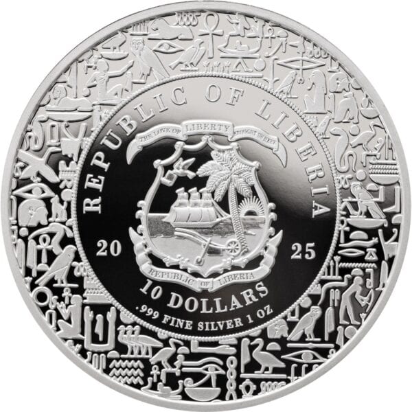 2025 Liberia Egyptian Heritage Isis 1oz silver colorized proof coin reverse with national emblem, denomination, and Egyptian‑themed border.