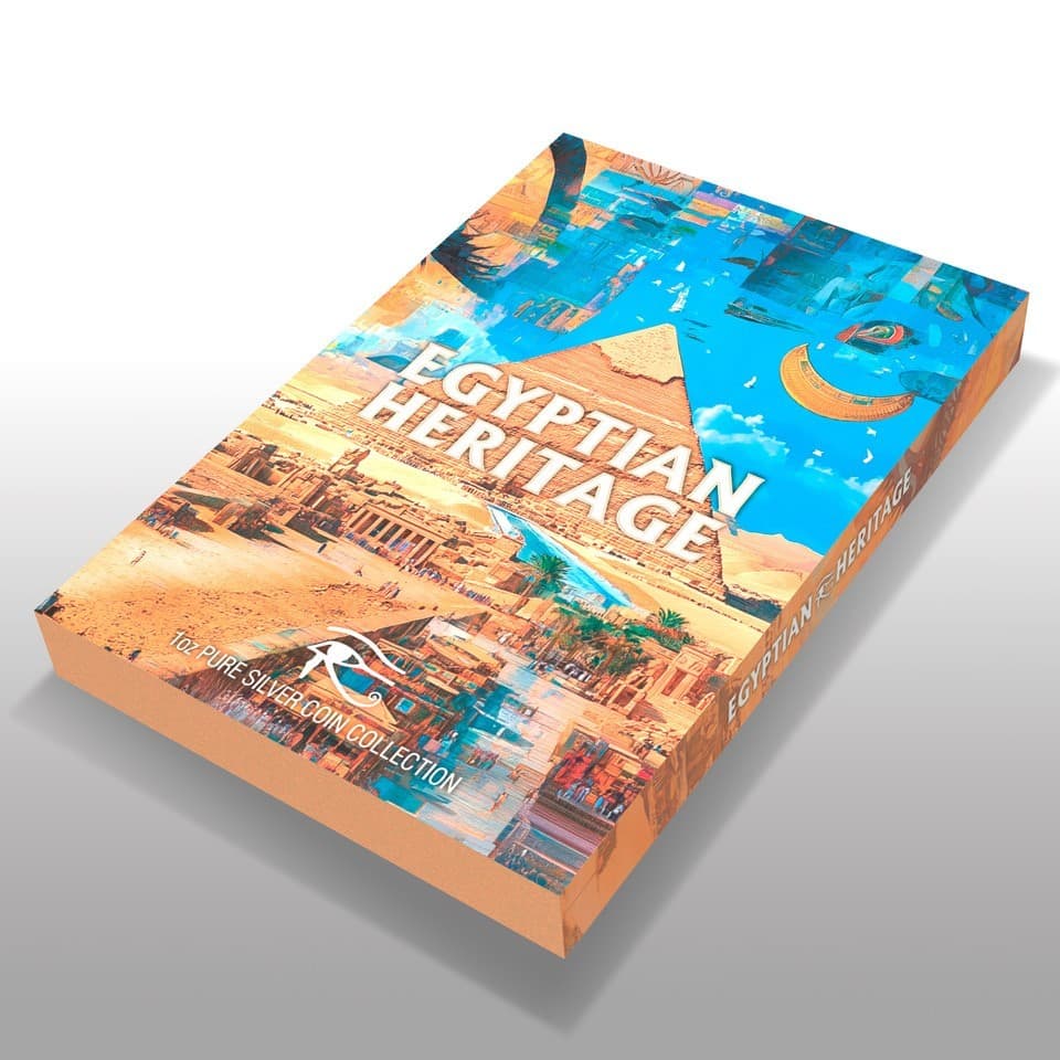 2025 Liberia Egyptian Heritage Isis 1oz silver colorized proof coin presentation box with pyramids, Sphinx, and hieroglyphic artwork.