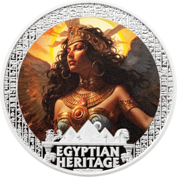 2025 Liberia Egyptian Heritage Isis 1oz silver colorized proof coin obverse with goddess Isis, pyramids, radiant sun, and hieroglyphic border.