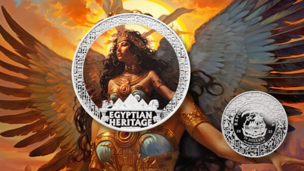2025 Liberia Egyptian Heritage Isis 1oz silver colorized proof coin showing detailed front and back designs with goddess Isis in vibrant color.