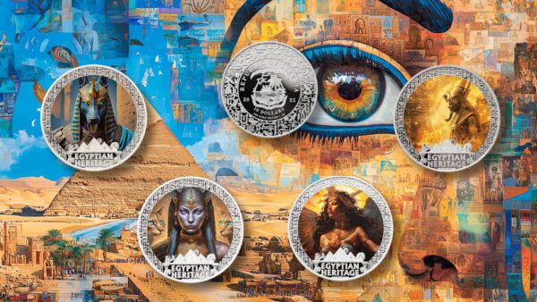 2025 Liberia Egyptian Heritage Isis 1oz silver colorized proof coin set with vibrant ancient Egypt designs and themed presentation.