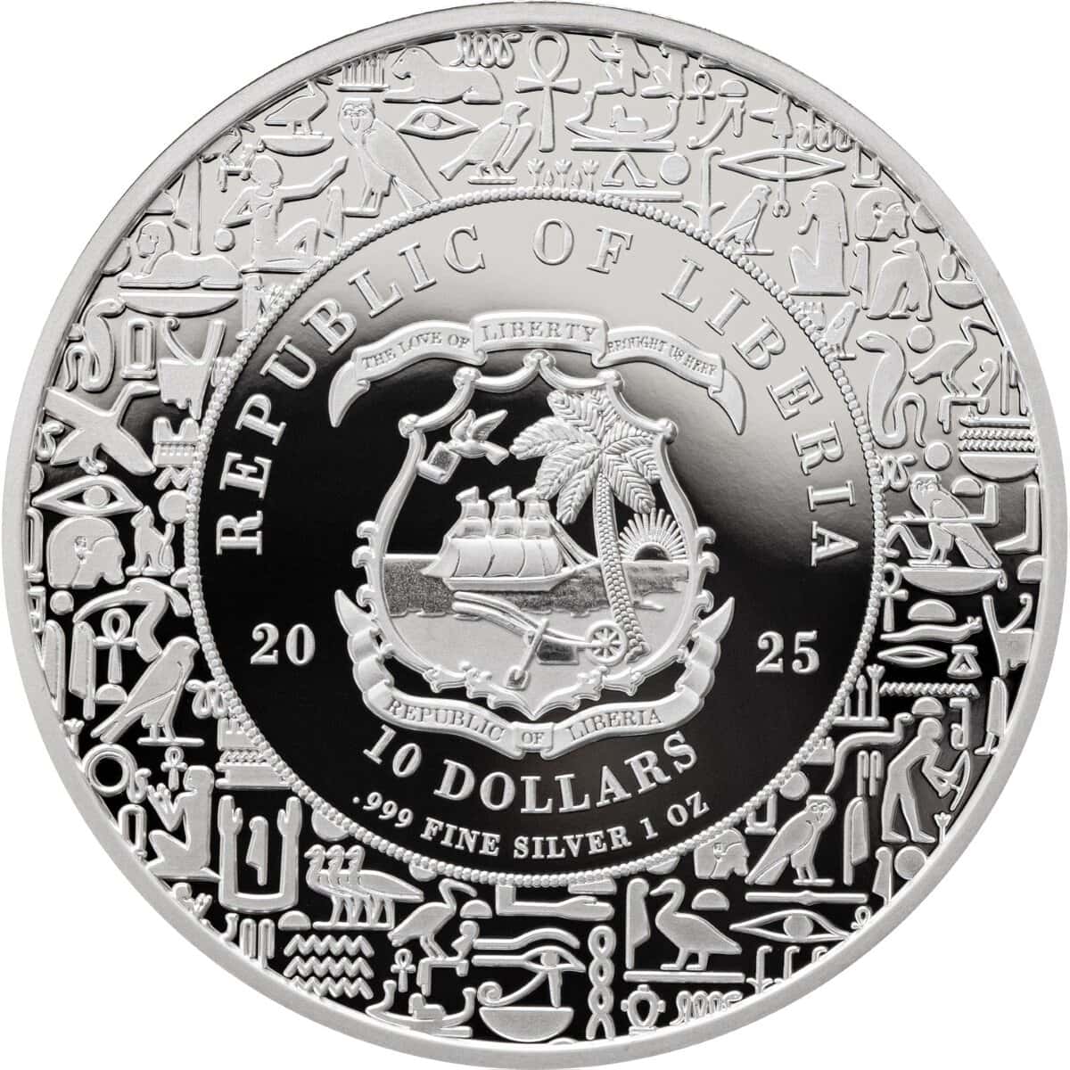 2025 Liberia Egyptian Heritage Ra Sun God 1oz silver colorized proof coin reverse with national emblem, $10 denomination, and Egyptian‑style border.