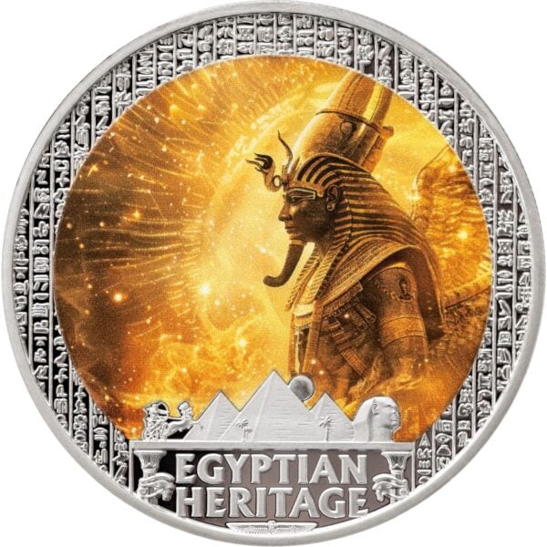2025 Liberia Egyptian Heritage Ra Sun God 1oz silver colorized proof coin with radiant sun background and Egyptian‑style border.