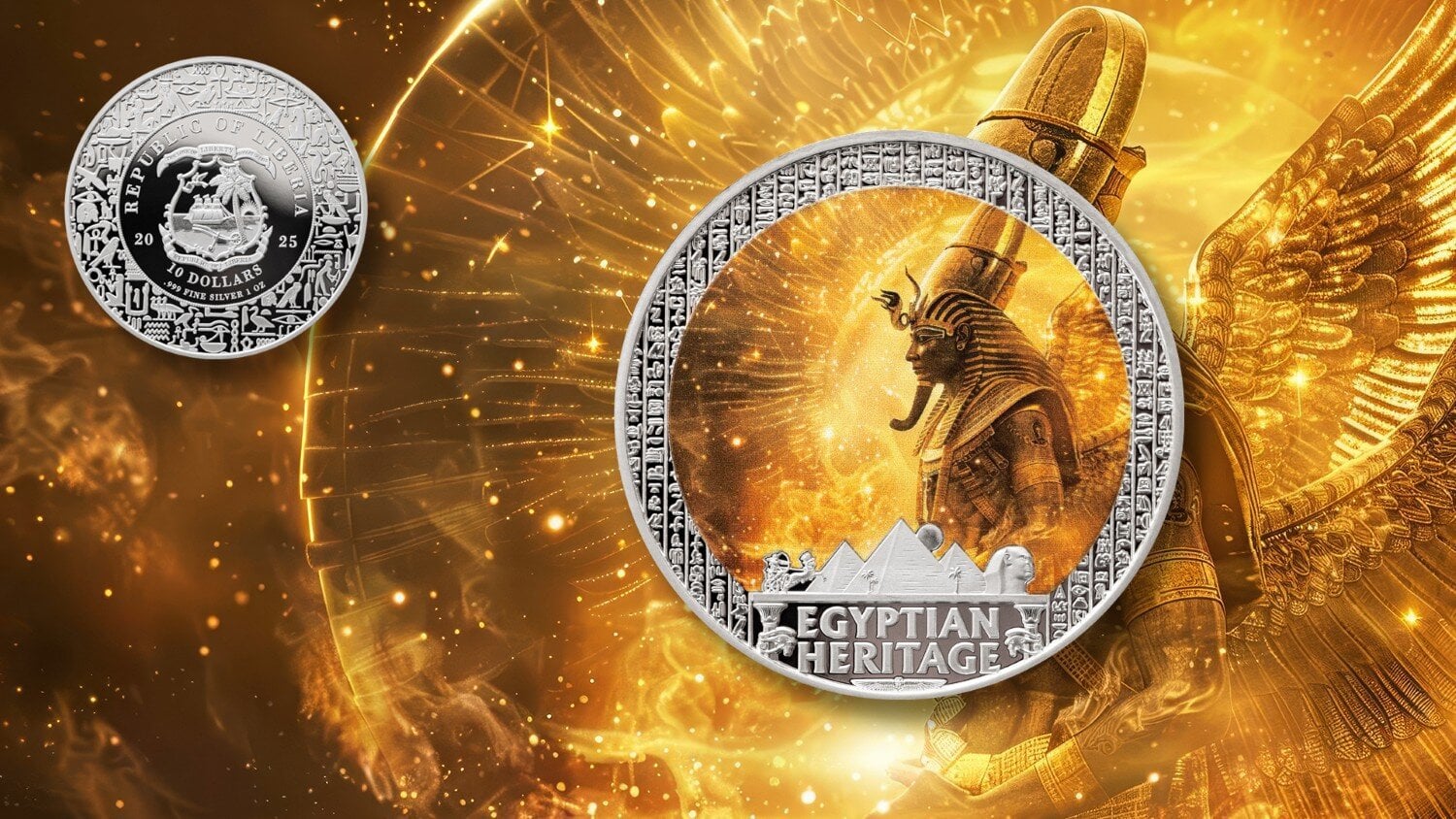 2025 Liberia Egyptian Heritage Ra Sun God 1oz silver colorized proof coin front and back designs with radiant sun and Egyptian motifs.