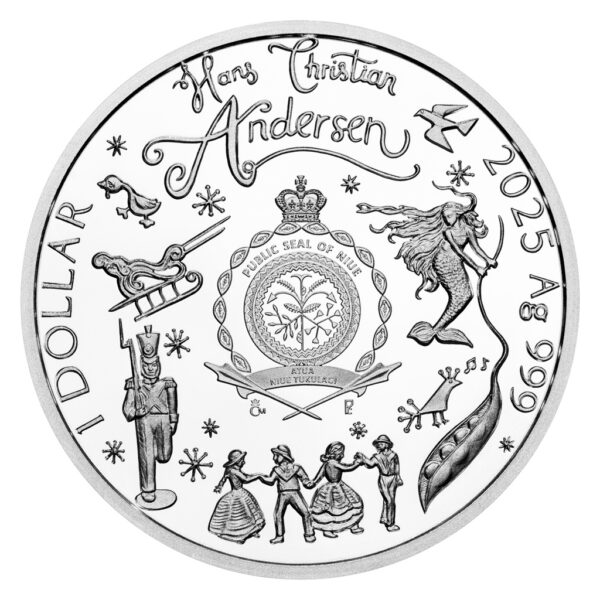 Reverse of 2015 Niue Snow Queen silver proof coin featuring “Hans Christian Andersen” inscription, denomination “1 Dollar,” year “2015,” purity “Ag 999,” and story-themed illustrations.