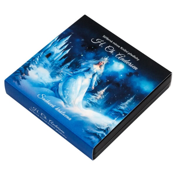 Collector box for 2025 Niue Snow Queen silver colorized proof coin, featuring fantasy-style illustration of a woman in flowing dress surrounded by snow and ice elements, labeled “The Snow Queen.”