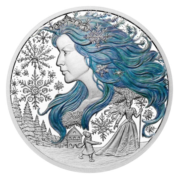Obverse of 2025 Niue Snow Queen silver colorized proof coin featuring a woman with flowing blue hair, snowflake motifs, castle background, and a figure walking through a winter landscape.