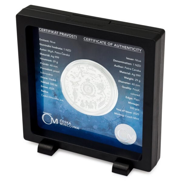 Display case for 2025 Niue Snow Queen silver colorized proof coin, featuring coin in protective capsule with icy-themed background and informational text inspired by H.C. Andersen’s fairy tale.