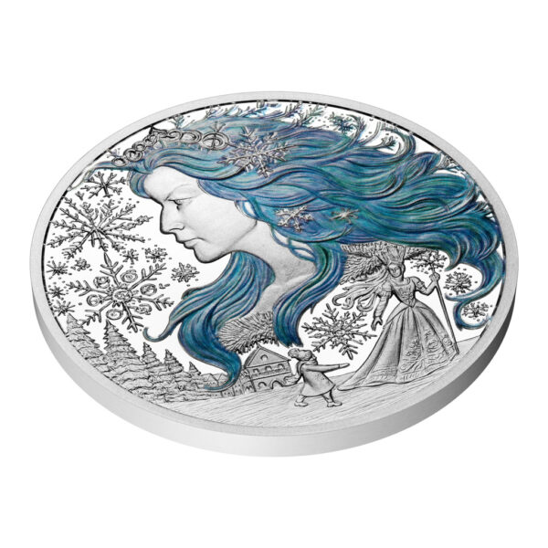 Obverse of 2025 Niue silver colorized proof coin featuring The Snow Queen with flowing blue hair, snowy background, and ornate storytelling elements, inspired by H.C. Andersen’s fairy tale.