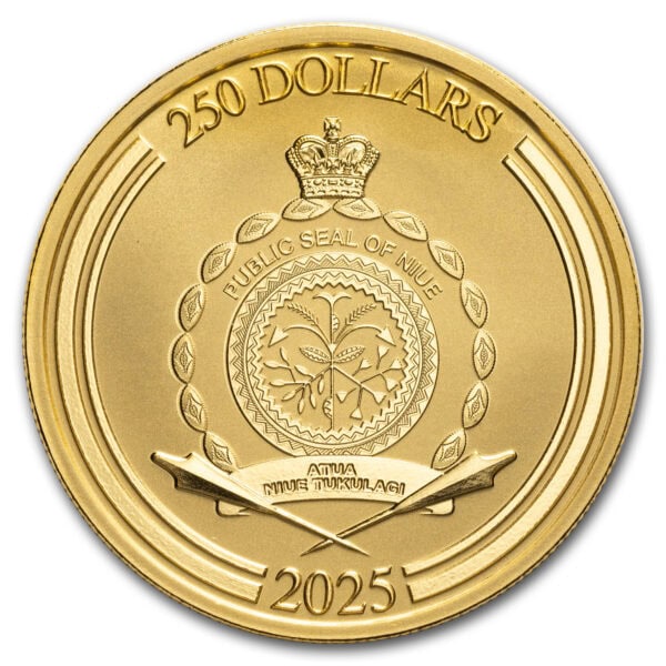 2025 Niue Disney Scrooge McDuck 1oz gold bullion coin reverse with Niue Island crest, 250‑dollar denomination, and year of issue.