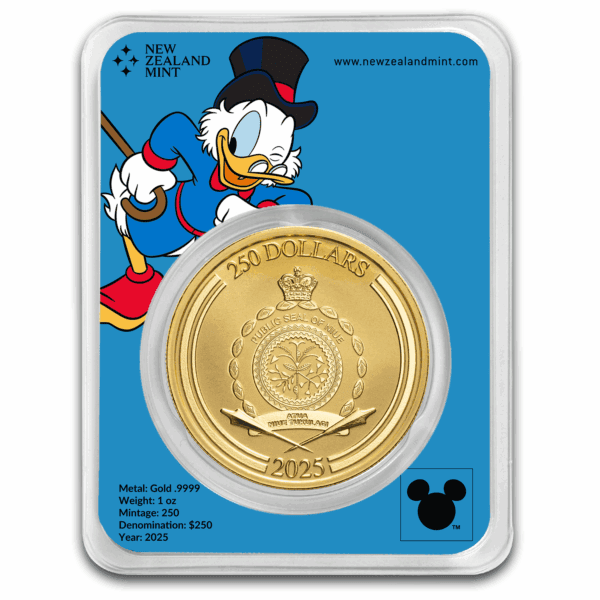 2025 Niue Disney Scrooge McDuck 1oz gold bullion coin in blue TEP card with Scrooge McDuck illustration and Niue crest reverse.