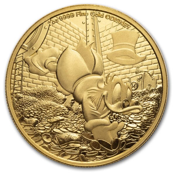 2025 Niue Disney Scrooge McDuck 1oz gold bullion coin with detailed engraving of Scrooge diving into a pile of coins, wearing top hat and glasses.