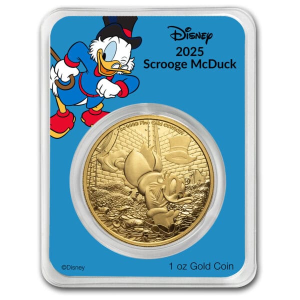 2025 Niue Disney Scrooge McDuck 1oz gold bullion coin in blue TEP card with Scrooge McDuck illustration and obverse design of Scrooge with treasure chest.