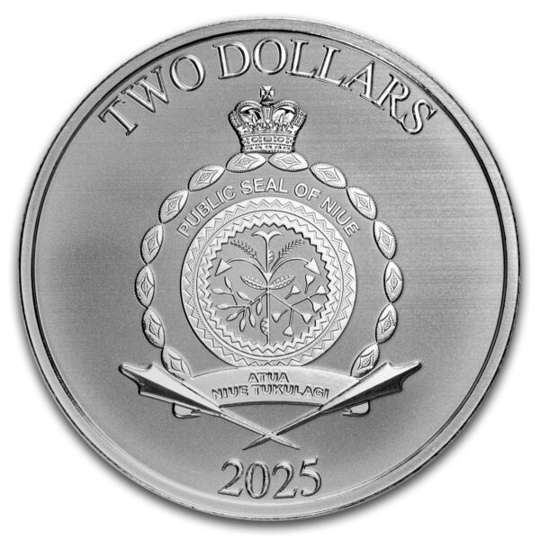 2025 Niue Disney Scrooge McDuck 1oz silver bullion coin reverse with Public Seal of Niue, two‑dollar denomination, and year of issue.