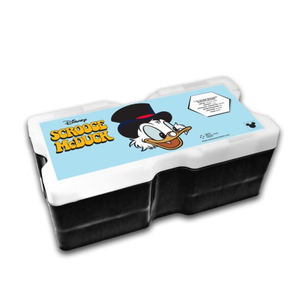 Light blue coin storage box with cartoon Scrooge McDuck image and bold yellow Disney Scrooge McDuck lettering.