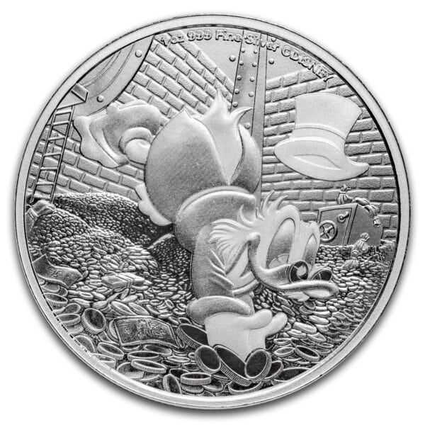 2025 Niue Disney Scrooge McDuck 1oz silver bullion coin with detailed engraving of Scrooge diving into a pile of coins.