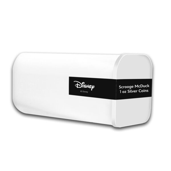 White storage tube labeled Disney Scrooge McDuck 1oz silver coins with black and white Disney logo.