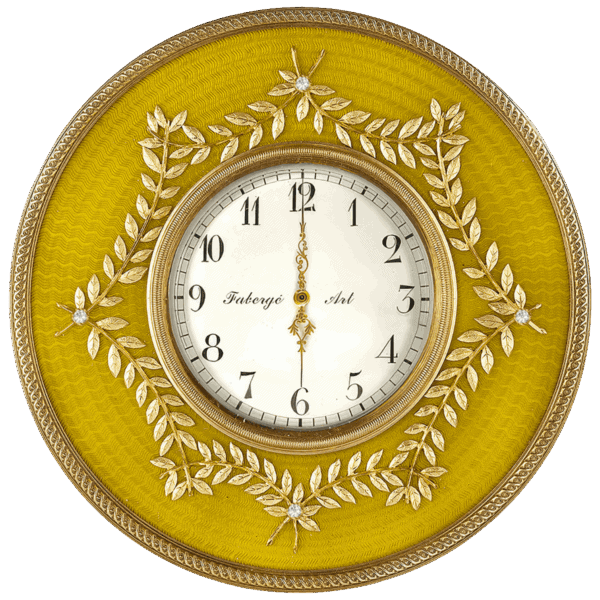 Antique gilded wall clock with ornate gold leaf and floral design on a yellow background and a white clock face with black numerals.