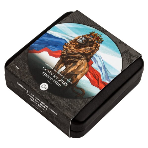 Collector box for 2025 Niue Czech Lion silver coin featuring crowned lion with Czech flag-inspired background in blue, white, and red, symbolizing heritage and strength.