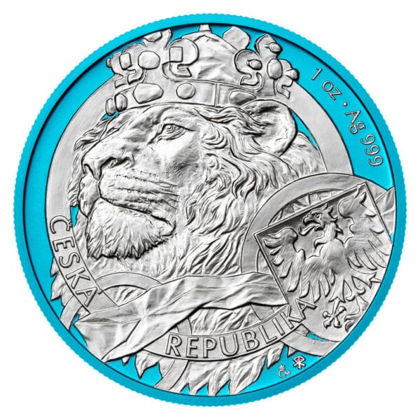 Reverse of 2025 Niue Czech Lion silver coin featuring crowned lion head, stylized double-tailed Czech lion, inscription “REPUBLIKA,” and Space Blue border with “1 oz Ag 999” marking.