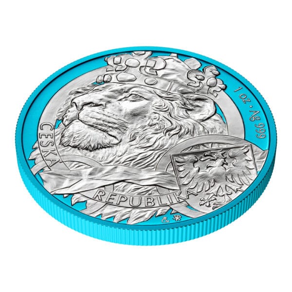 Obverse of 2025 Niue Czech Lion silver coin featuring crowned lion head with intricate detailing and Space Blue accents, symbolizing strength and national pride.