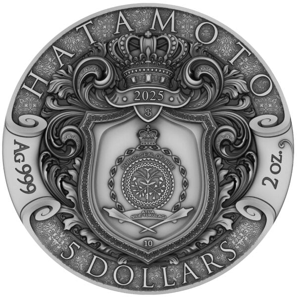 Reverse of 2025 Niue The Warrior’s Path Hatamoto 2 oz Silver Antiqued Colorized Coin featuring crest design and denomination.