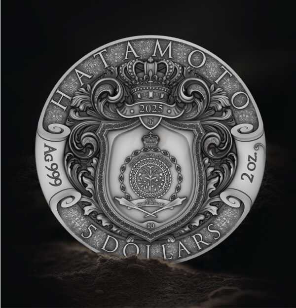 Reverse of 2025 Niue The Warrior’s Path Hatamoto 2 oz Silver Antiqued Coin featuring ornate crest and inscriptions.