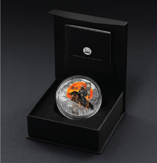 Open display box for 2025 Niue The Warrior’s Path Hatamoto 2 oz Silver Antiqued Colorized Coin featuring warrior design.