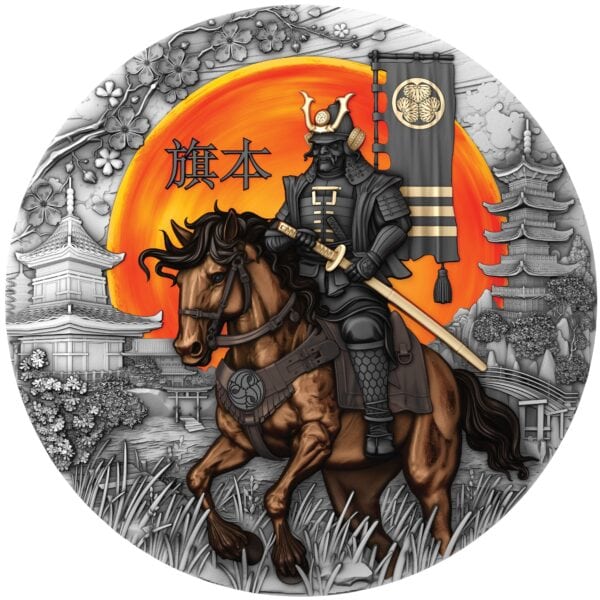 2025 Niue The Warrior’s Path Hatamoto 2 oz Silver Antiqued Colorized Coin featuring warrior on horseback with sunset background.