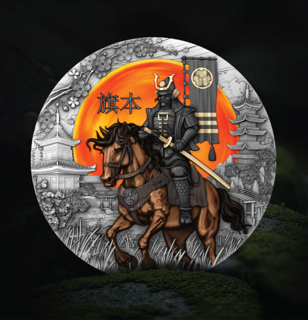 2025 Niue The Warrior’s Path Hatamoto 2 oz Silver Antiqued Colorized Coin featuring mounted warrior with orange sun backdrop.
